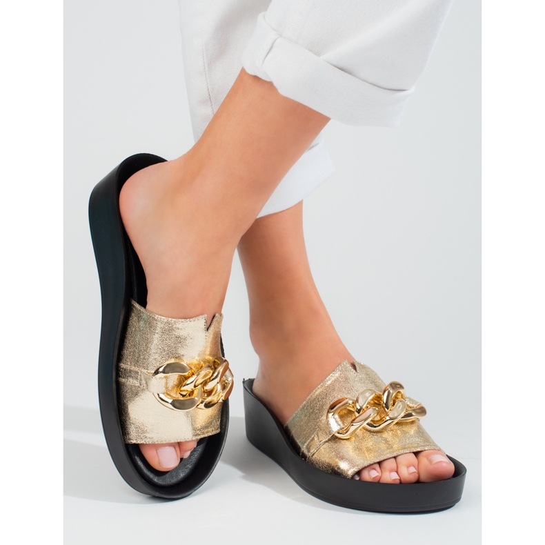 Bequeme goldene Shelovet-Hausschuhe für Damen mit Kette 1