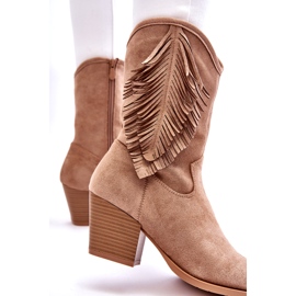 S.Barski Niedrige Wildleder-Cowboystiefel für Damen mit Fransen, Beige 2