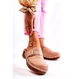 Damen-Clogs mit hohem Absatz und Strasssteinen in Beige 1