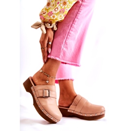 Damen-Clogs mit hohem Absatz und Strasssteinen in Beige 4