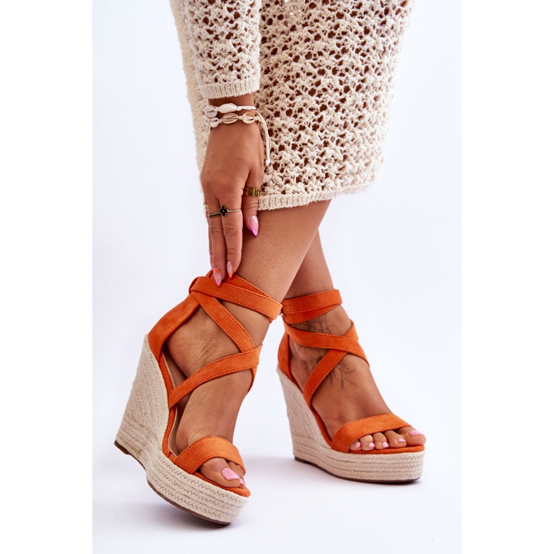 FJ1 Bequeme orangefarbene Lemira Sandalen mit hohem Keilabsatz 2