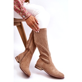 S.Barski Durchbrochene Overknee-Stiefel aus Wildleder für Damen Beige Savannah 4