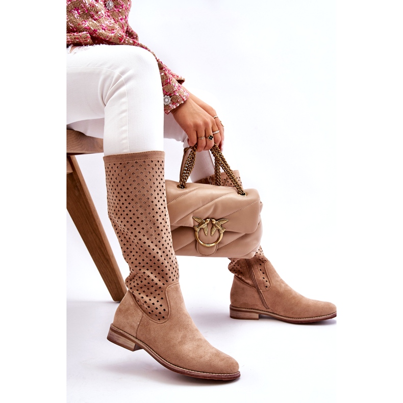 S.Barski Durchbrochene Overknee-Stiefel aus Wildleder für Damen Beige Savannah 3
