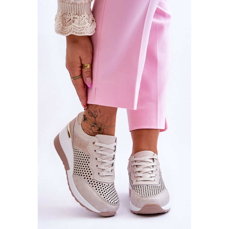 S.Barski Durchbrochene Turnschuhe aus Leder für Damen Hellbeige Virginia 1