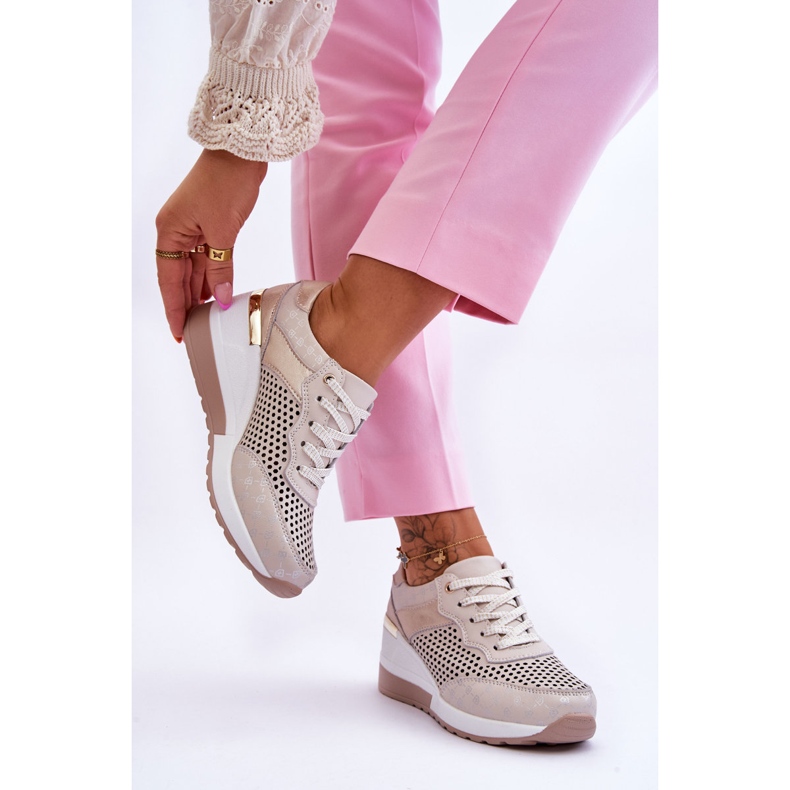 S.Barski Durchbrochene Turnschuhe aus Leder für Damen Hellbeige Virginia 2