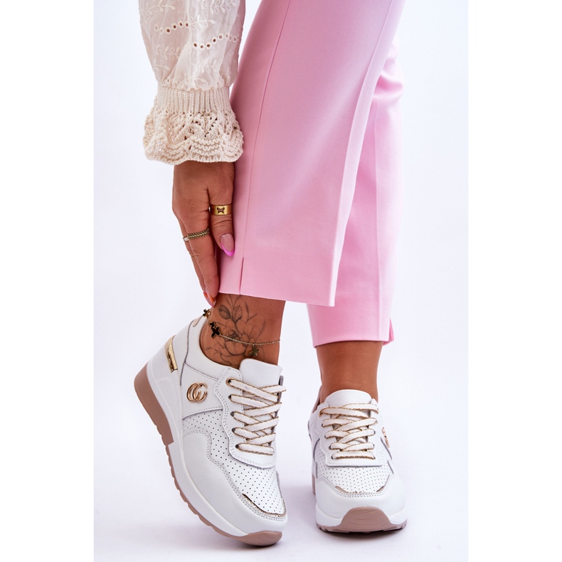 S.Barski Damen-Sportschuhe mit Keilabsatz aus Leder Weiß-Gold Rebeca 1