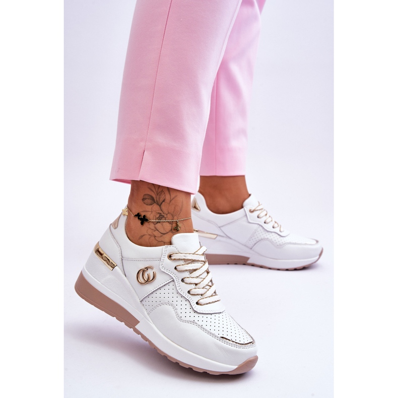 S.Barski Damen-Sportschuhe mit Keilabsatz aus Leder Weiß-Gold Rebeca 2