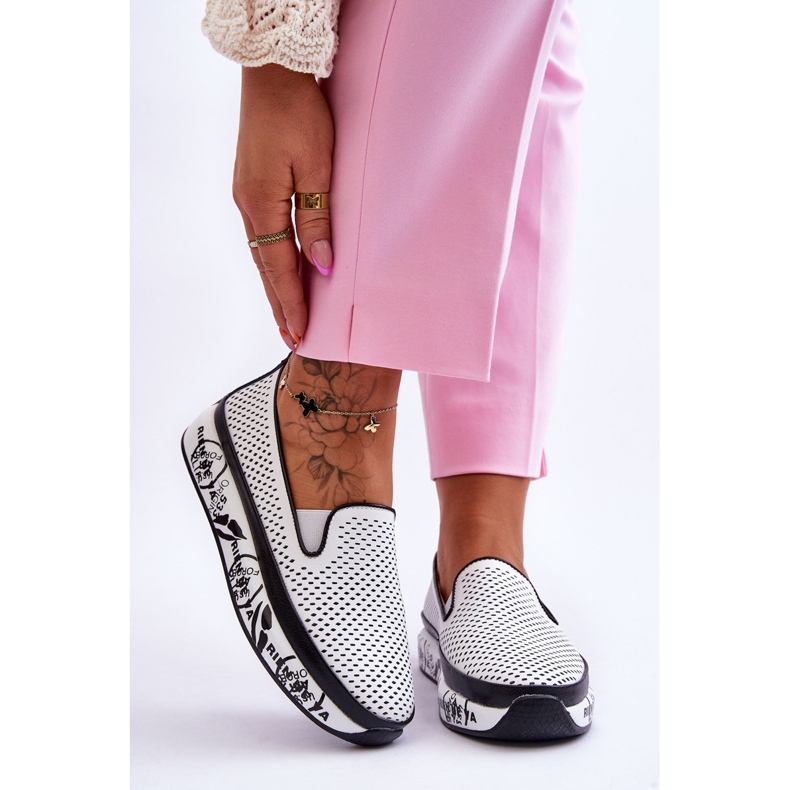 S.Barski Damen-Turnschuhe aus durchbrochenem Leder Slip-On Weiß Sorito 1