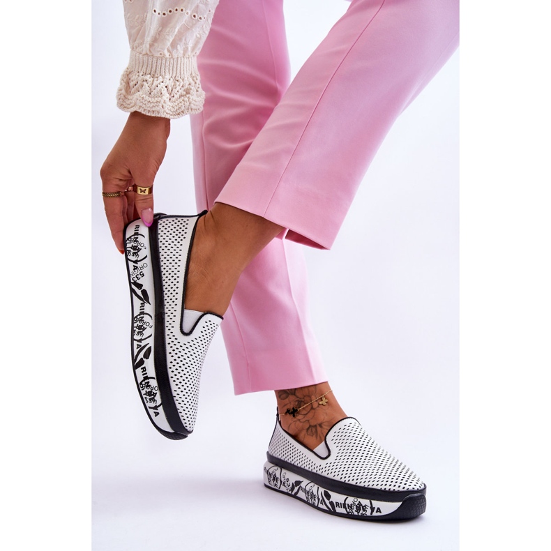 S.Barski Damen-Turnschuhe aus durchbrochenem Leder Slip-On Weiß Sorito 2