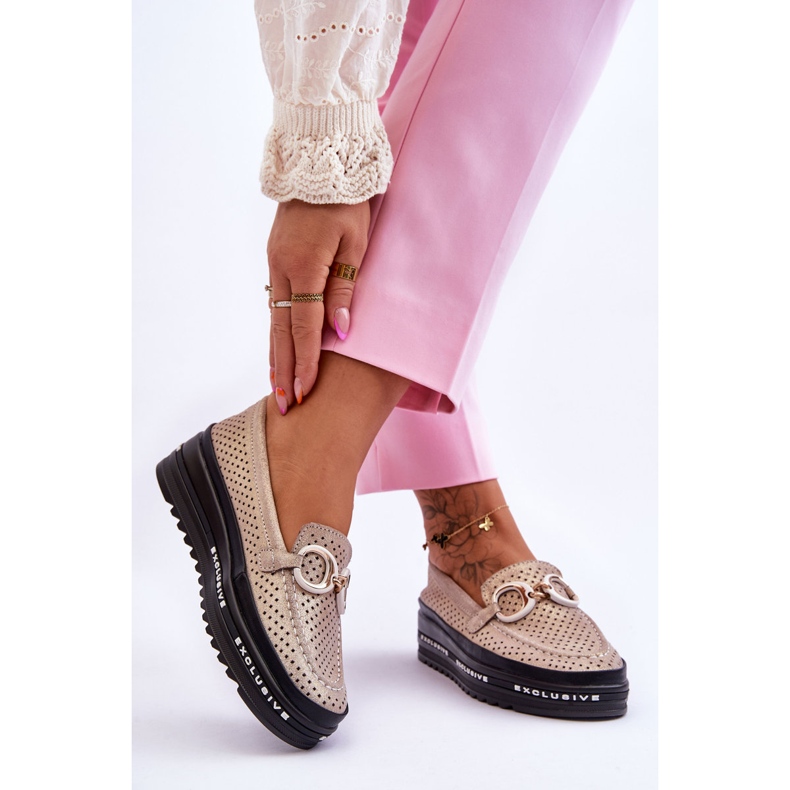 S.Barski Klassische durchbrochene Leder-Loafer mit goldener Rendy-Verzierung 2