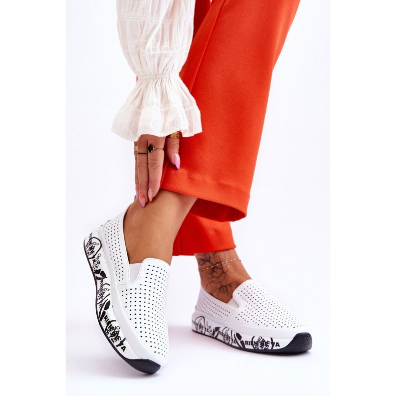 S.Barski Durchbrochene Slip-On-Sneakers aus Leder Weiß Gedra 2