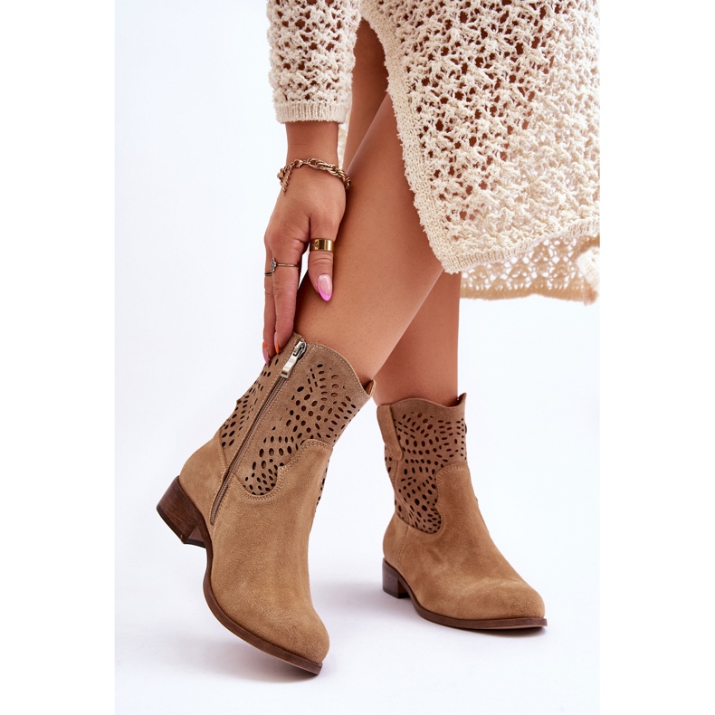 Lewski Shoes Durchbrochene Damenstiefel aus Wildleder Leski Schuhe 3301 Beige 2