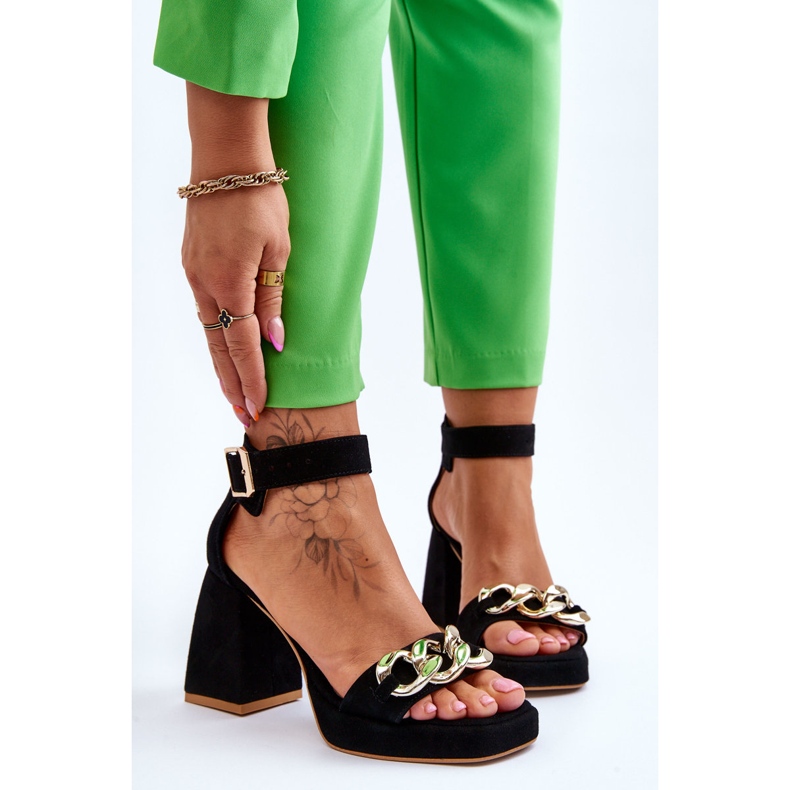 Lewski Shoes Damensandalen aus Wildleder auf massiven Absätzen Leski Schuhe 3207 Schwarz 1