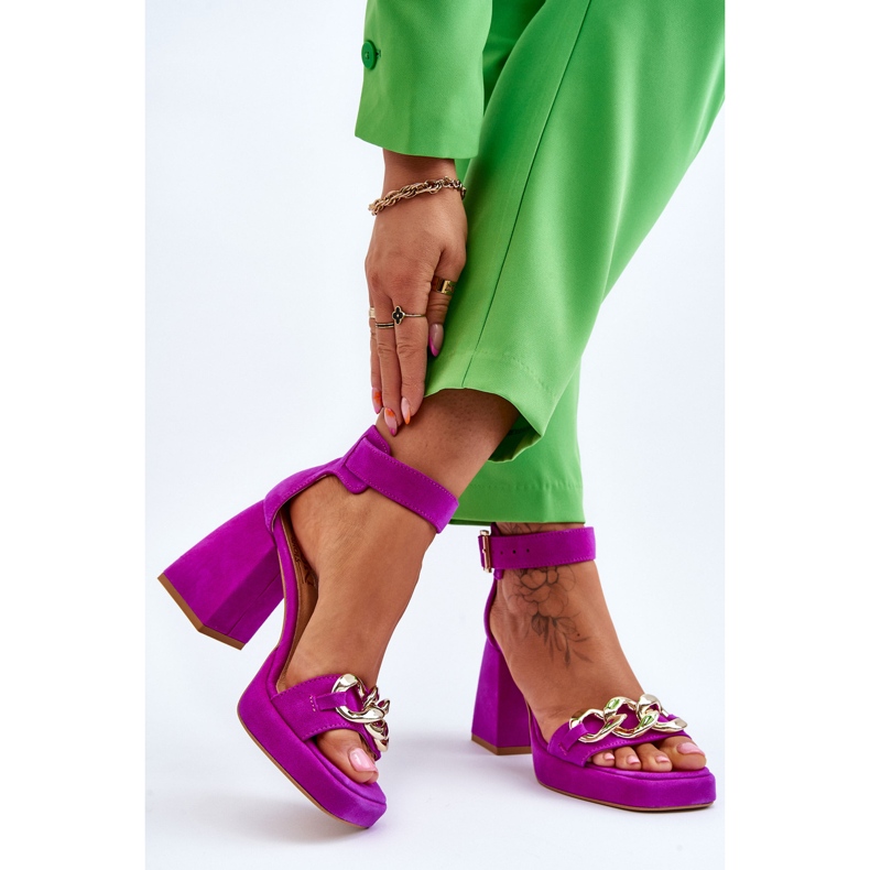 Lewski Shoes Damensandalen aus Wildleder auf massiven Absätzen Leski Schuhe 3207 Fuchsia rosa 2