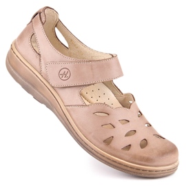 Bequeme durchbrochene Lederschuhe für Damen mit Klettverschluss beige Helios 4043 1
