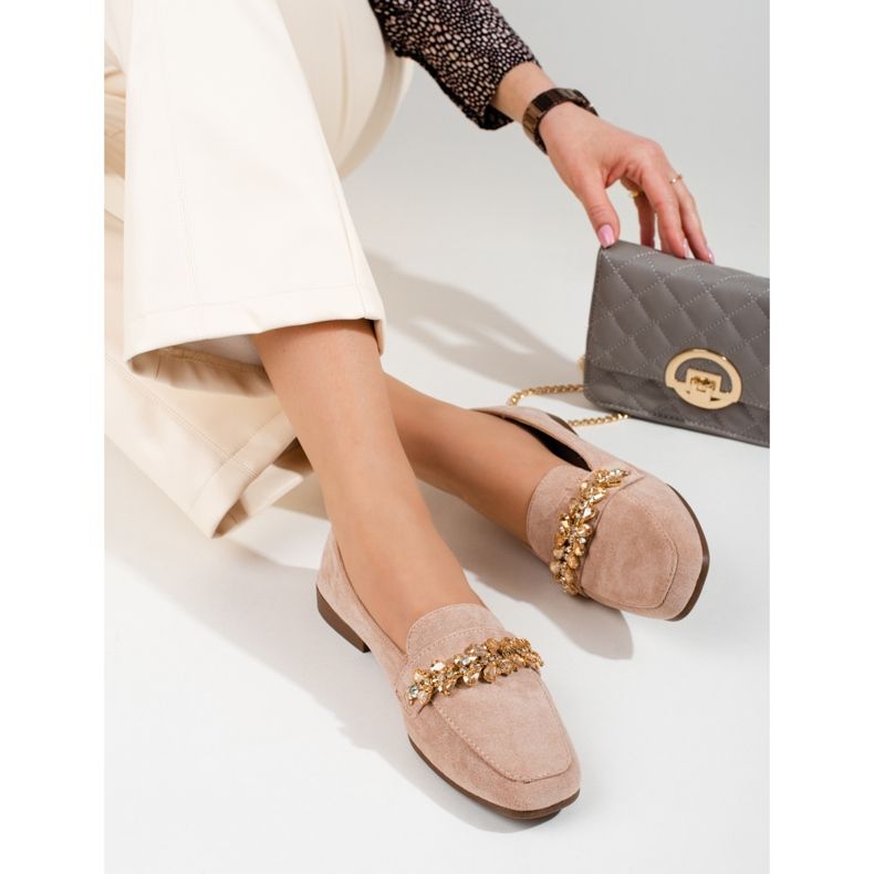 Damen-Loafer aus Wildleder mit Shelovet-Kristallen beige 2