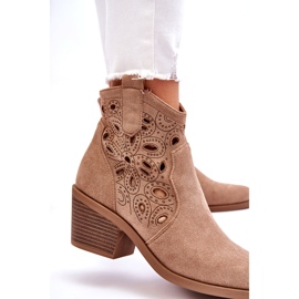 S.Barski Durchbrochene Cowboystiefel aus Wildleder für Damen, Beige 2