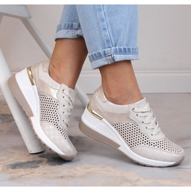 Bequeme durchbrochene Keilschuhe aus Leder beige S.Barski LR29587 1