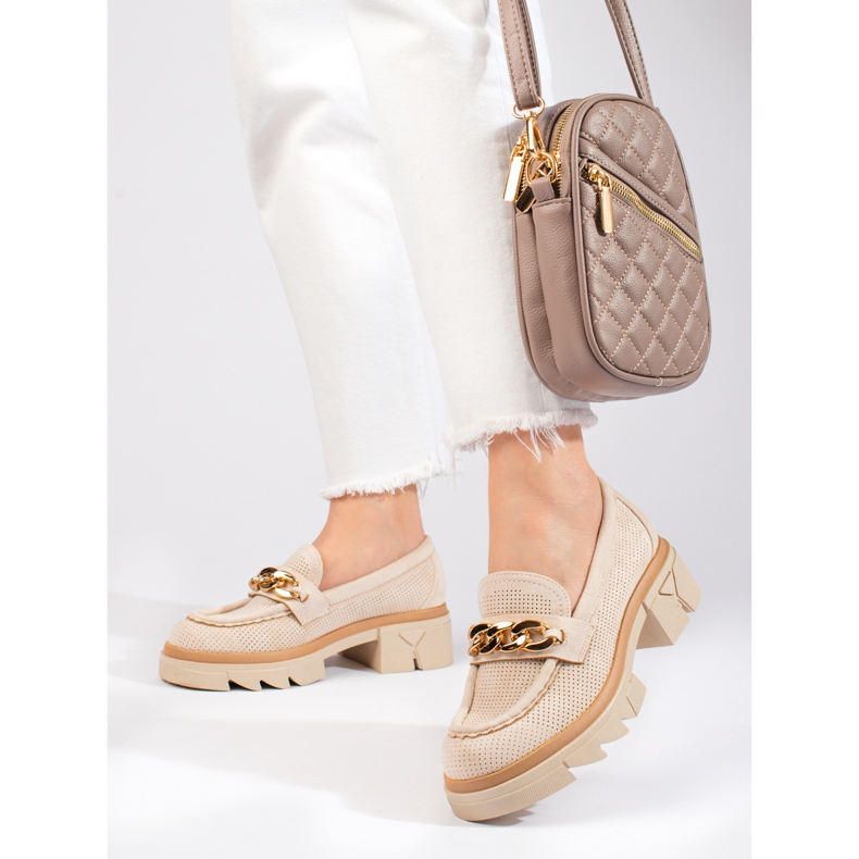 Shelovet Wildleder-Loafer mit Kette hellbeige 1