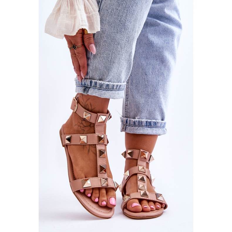 Ledersandalen für Damen mit großen Nieten Nude Mishigan rosa 1