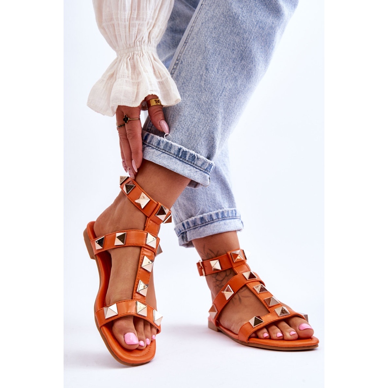 Ledersandalen für Damen mit großen Nieten Orange Mishigan 2