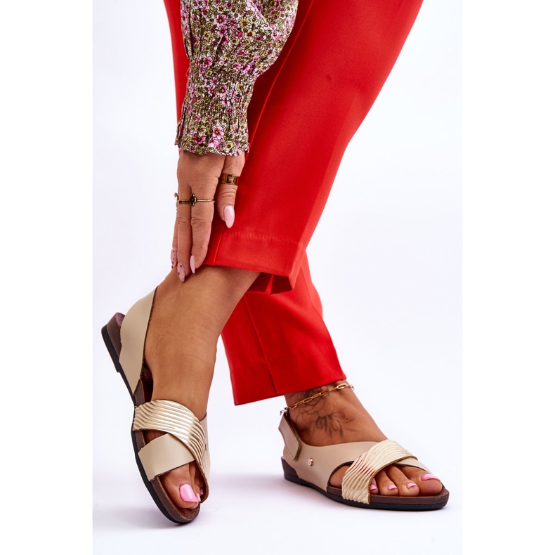 Lemar Gold und Beige Addison Ledersandalen mit Klettverschluss 2