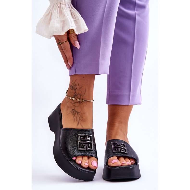 Lemar Plateau-Slipper aus Leder für Damen mit Verzierungen Schwarz Renna 1