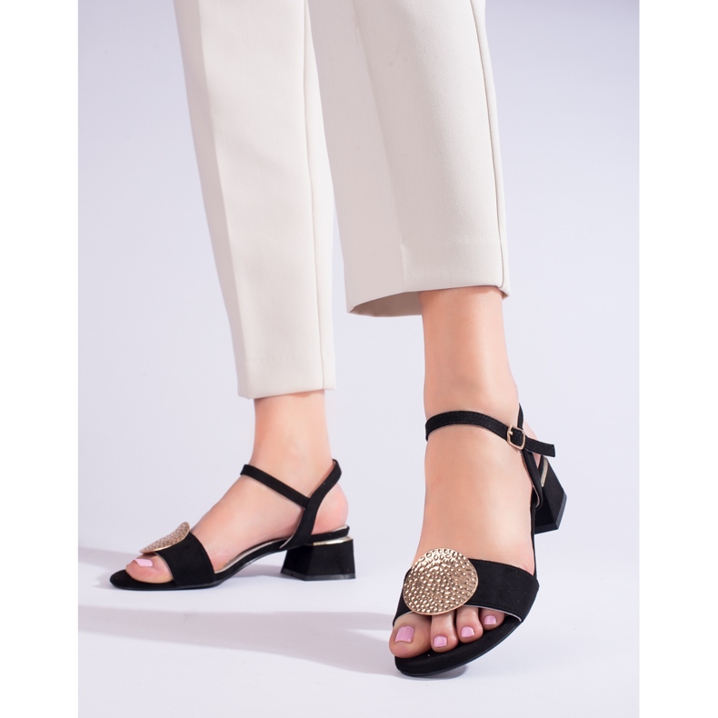 Shelovet-Sandalen aus schwarzem Wildleder für Damen mit niedrigem Absatz 1