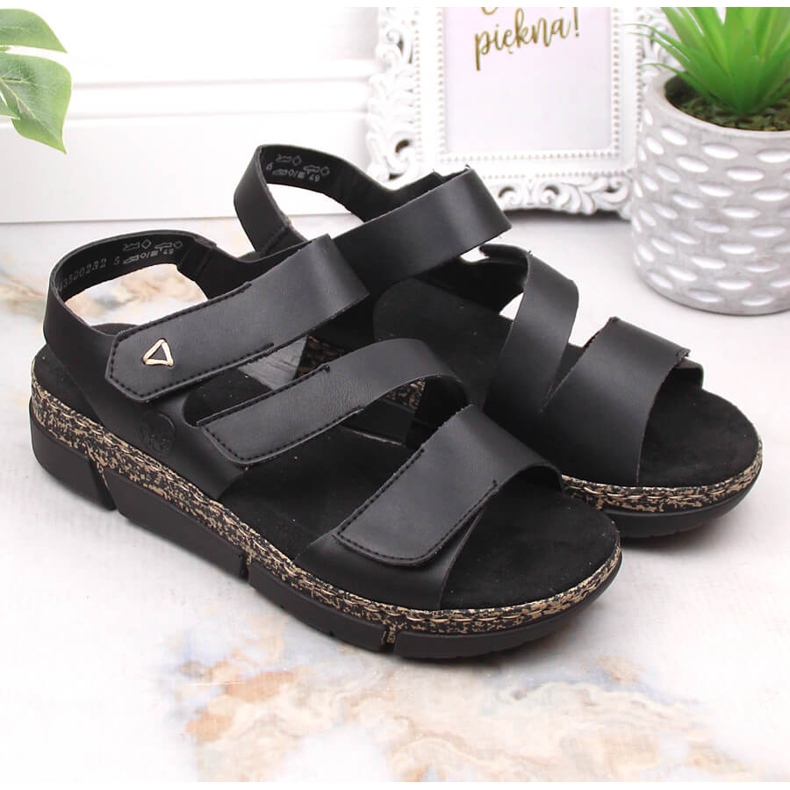 Bequeme Damen-Sandale auf schwarzem Klett-Plateau Rieker V2301-00 2