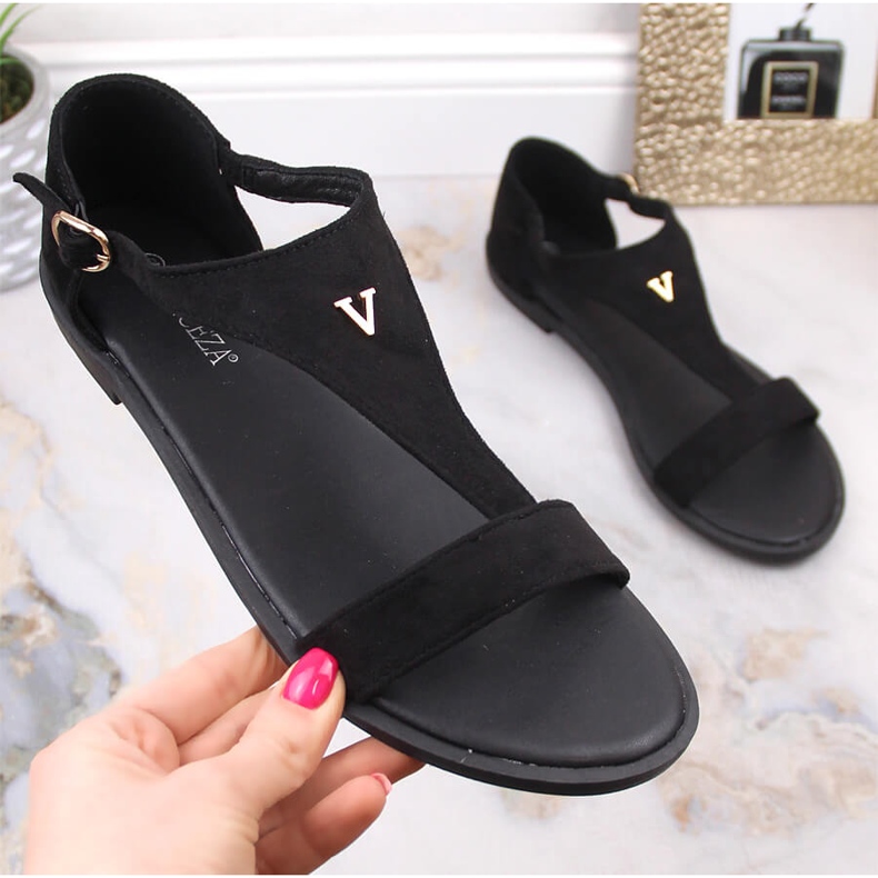 Flache schwarze Wildledersandalen für Damen Vinceza 17270 1