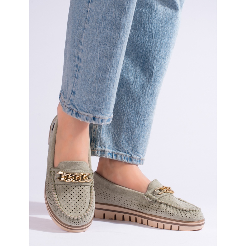 Grüne, durchbrochene Wildleder-Loafer für Damen von Shelovet 1