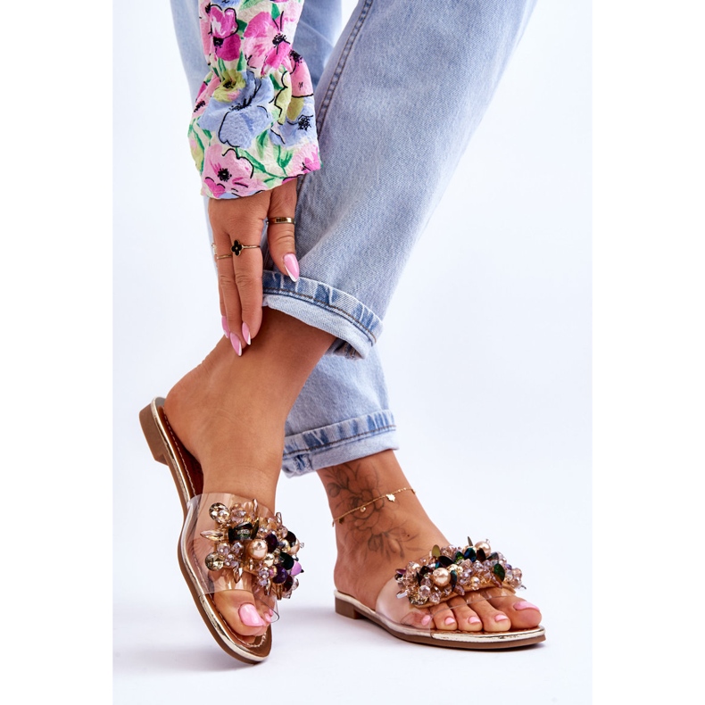 Damenhausschuhe mit Ziersteinen S.Barski KV-576-3 Gold golden 2