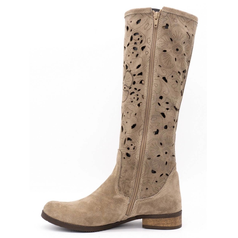 Olivier Durchbrochene Damenstiefel Dunkelbeige Blumen 1
