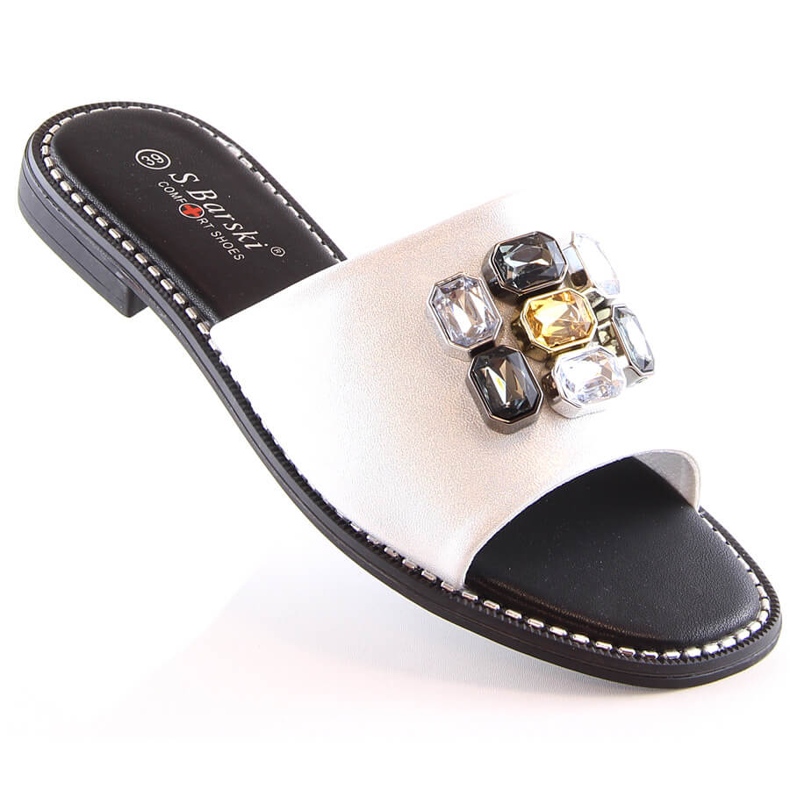 Flache bequeme weiße Damenhausschuhe mit Zirkonen S.Barski Kv 2775-31 2