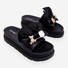 PE1 Hausschuhe mit einer Schleife und einem dekorativen Teddybären Schwarz Suzy 1