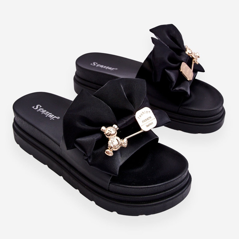 PE1 Hausschuhe mit einer Schleife und einem dekorativen Teddybären Schwarz Suzy 1