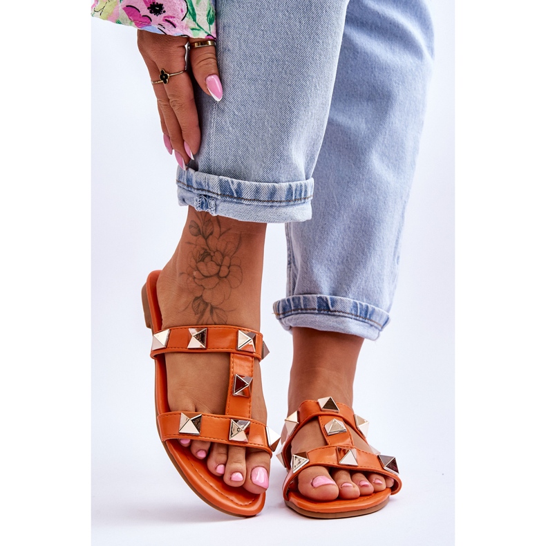 Orange Mercure Damenhausschuhe mit großen Nieten 1