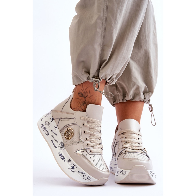 PE1 Damen-Lederturnschuhe auf einer klobigen Plattform Beige Asturias 1