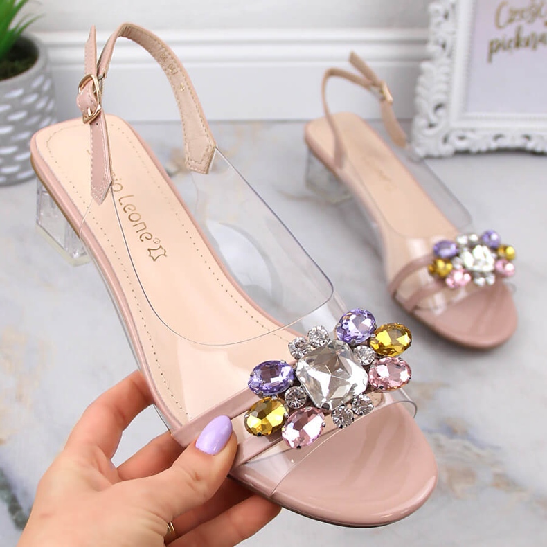 Transparente Sandalen mit niedrigem Absatz und beigen Kristallen Sergio Leone SK047 1