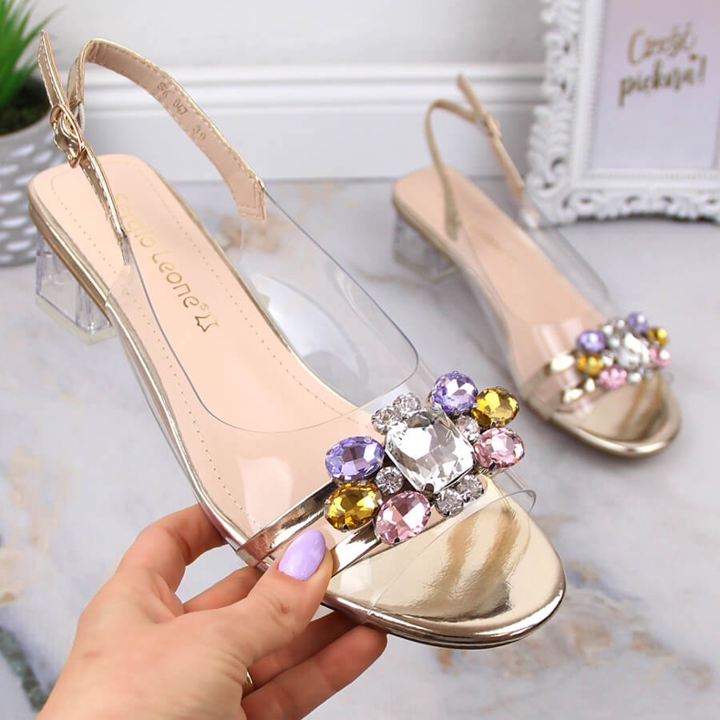 Transparente Sandalen auf niedrigem Absatz mit goldenen Kristallen Sergio Leone SK047 1