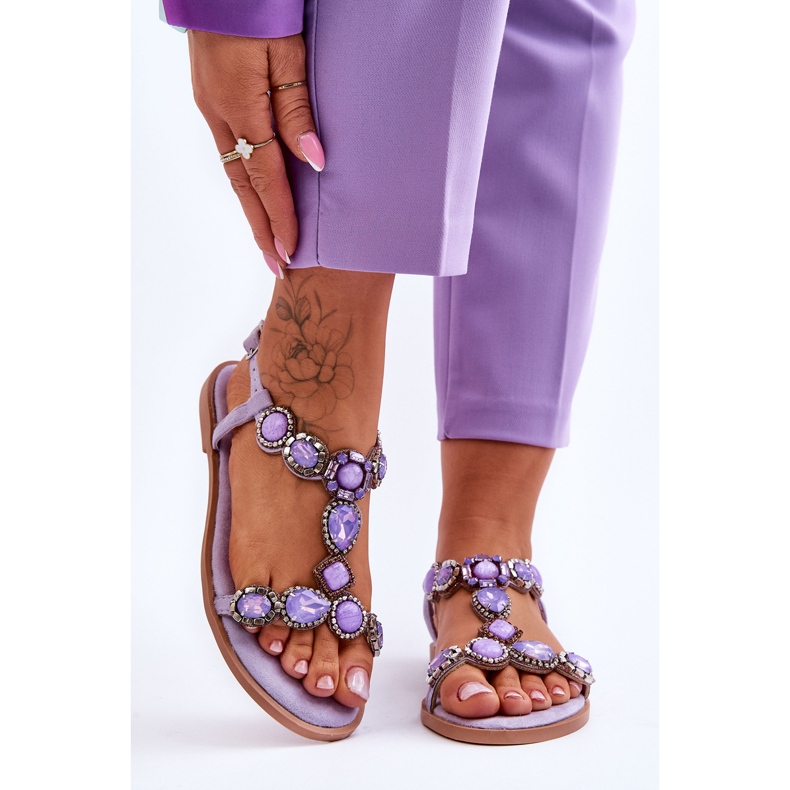 Lila Dallas Wildleder Flache Sandalen mit Steinen 1