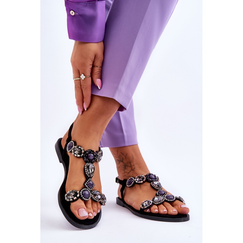 Flache Sandalen aus schwarzem Dallas-Wildleder mit Steinen 2