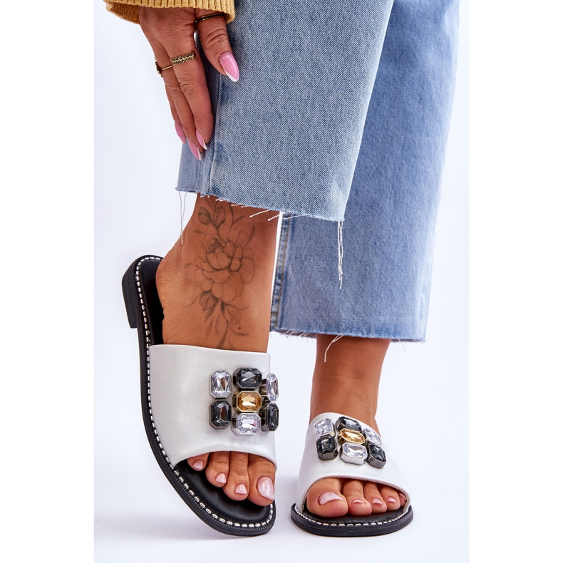 Damenhausschuhe mit Steinen S.Barski KV-2775-31 Weiß-Silber 1