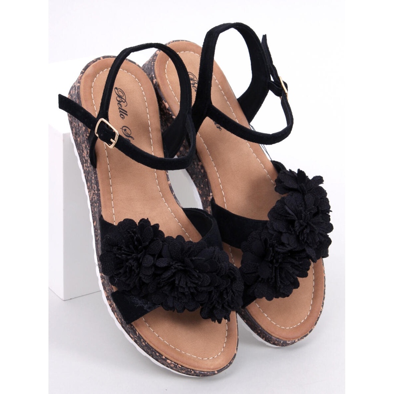 Keilsandalen mit Blumen von Hahn Black schwarz 1