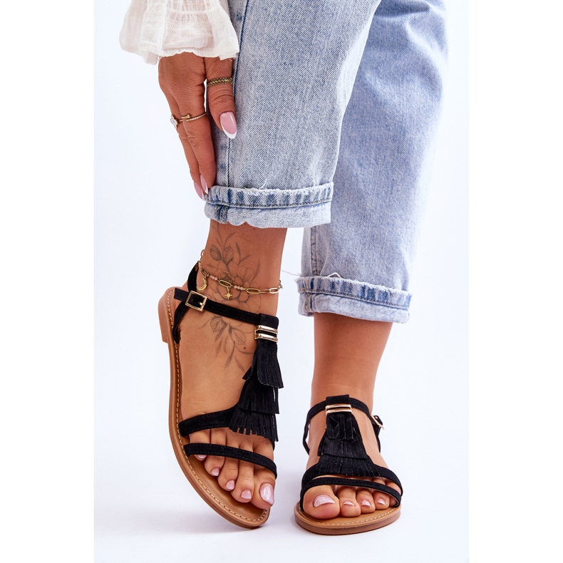 FRJ Damen Sandalen Flaches Wildleder Boho Schwarz Lucami 1