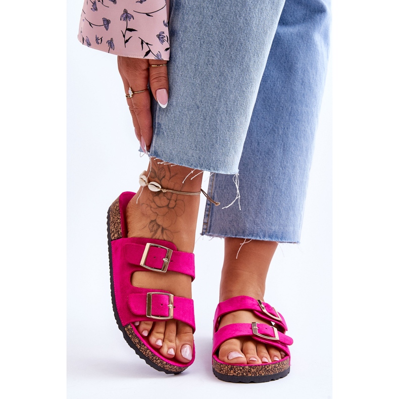 FB2 Damensandalen auf Korkplattform mit Streifen Fuchsia Doretta rosa 1