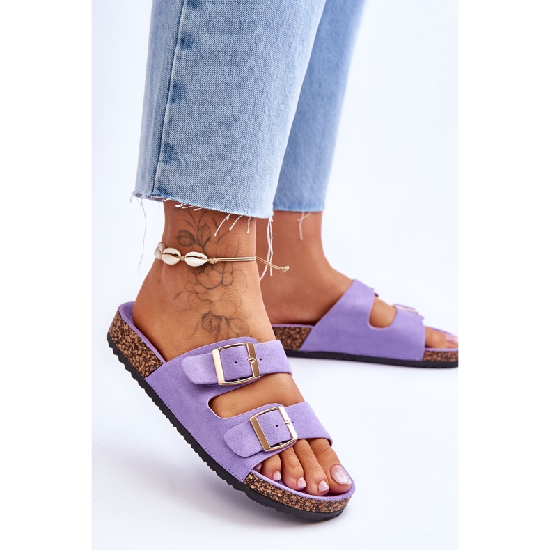 FB2 Damensandalen auf Korkplattform mit Streifen in Lila von Doretta 2