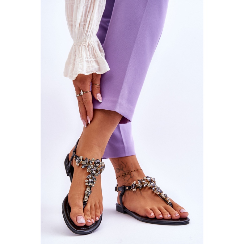 Damen Sandalen Flip Flops mit Steinen Schwarz Lenisa 2