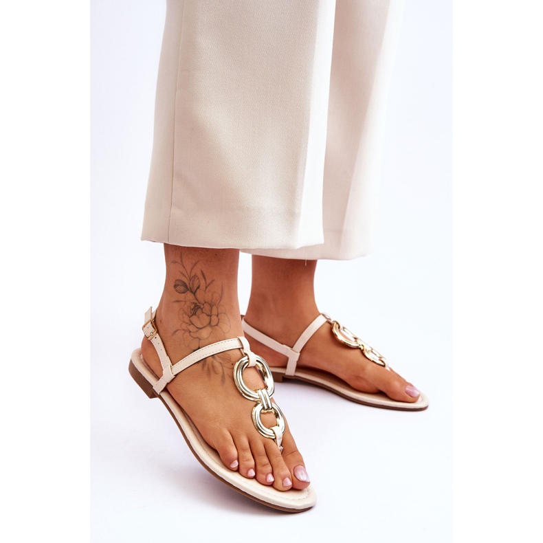 Beigefarbene Keep Going Flip-Flops aus Leder mit flachem Absatz 2