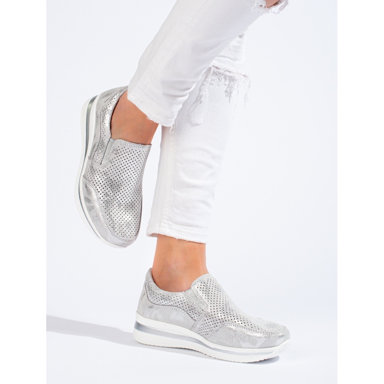 Leder-Plateau-Sneaker von Shelovet in Silber 1